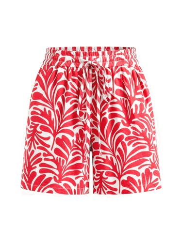 PRETTYGARDEN Summer Boxer Shorts for Women Casual Drawstring Floral Pajama Lounge Wear Y2k Beach Bottoms with Pockets (Red Leaves, Medium)