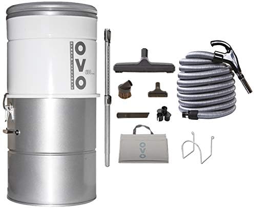 OVO PAK63D-35 Large and Powerful Central Vacuum System, Hybrid Filtration (with or Without Disposable Bags), 25L or 6.6 Gal, 630 Air watts with 35 ft Deluxe Accessory Kit Included, 35ft, Sliver