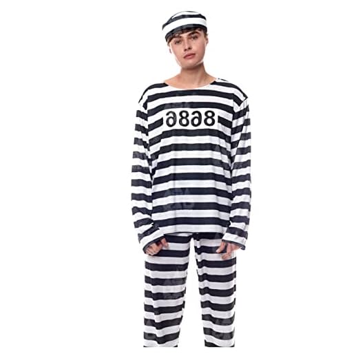 Acan Disfraz de presidiario a rayas, fibra sintética, incluye gorro, preso, cárcel, carnaval, halloween, cosplay, fiestas, adulto unisex, talla L
