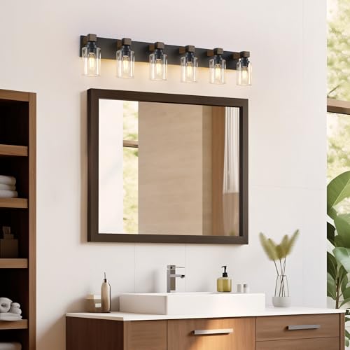 Image of Farmhouse Bathroom Vanity Light Fixtures, Rustic 6-Light Wood Vanity Lights for Bathroom, Vintage Black Wall Sconces Lighting, Light fixtures Over Mirror, with Glass Shade