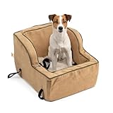 Snoozer XL High Back Console Dog Car Seat Travel Dog Bed Carrier for Dogs up to 20lbs, Provides Safe Pet Travel with Dog Car Seat Belt Harness Strap, Removable Machine Washable Camel Cover