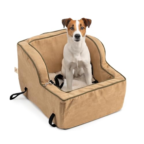 Snoozer XL High Back Console Dog Car Seat Travel Dog Bed Carrier for Dogs up to 20lbs, Provides Safe Pet Travel with Dog Car Seat Belt Harness Strap, Removable Machine Washable Camel Cover