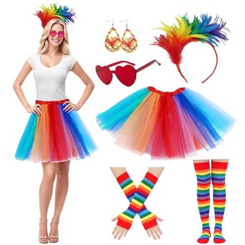 Regenbogen Kostüm Damen, Tüllrock Regenbogen Kleid 80er Jahre Kostüm Bunt Rock Outfit Regenbogen Haarreif Socken Sonnenbrille Handschuhen für Karneval Faschingskostüme Mottoparty(Regenbogen 1)