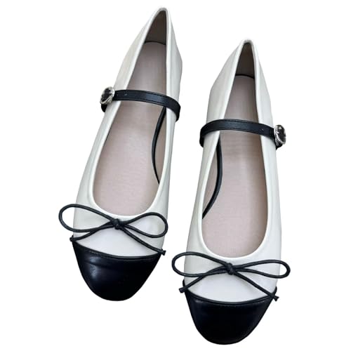 Image of TN TANGNEST Women's Mary Jane Flats Bow Ballet Shoes | Round Toe Flats with Buckle Strap Dressy Comfortable Faux Suede Flats