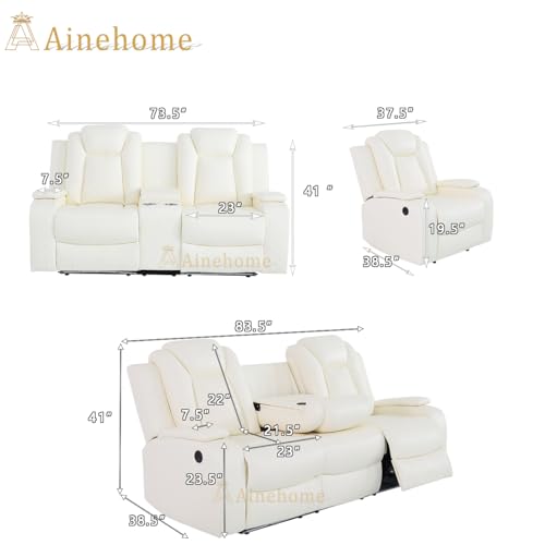 Sillón reclinable piel crema con 3 asientos miniatura 2