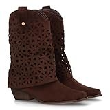 98800 Botas Cowboy de Media Cana para Mujer Diseno Troquelado de Formas geometricas Que aporta frescura, Punta Fina y Tacon Cubano bajo. Estampado Liso, Ideal para el Dia a Dia. Cafe Talla 39