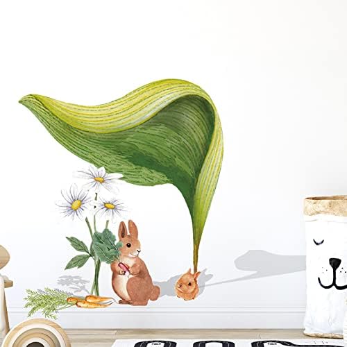 Bunny Big Leaf Wall Sticker Rabbits Flowers Peel and Stick Wall Art Decals Lovely Animals Window Sticker Decor for Living Room Kids Bedroom