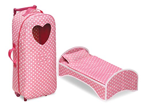Badger Basket 3-in-1 Trolley Doll Carrier with Rocking Bed and Bedding – Adorable Pink Polka Dot Design for 18-Inch Dolls