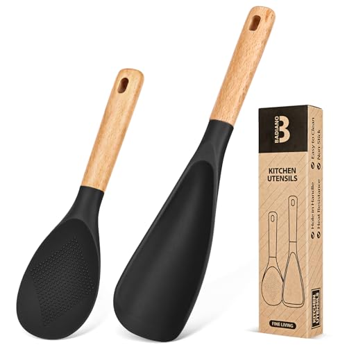 Comparison: Best Cooking Spoons For Non Stick Pans 7 Cooking Spoon and Rice Scooper for Nonstick Cookwares, Great for Cooking and Serving Sturdy BPA-Free Matte Silicone, Wood Handle Spoon for Mixing, Scoop, and Scrape (Black)