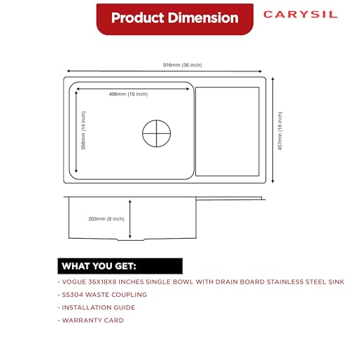 Image of Carysil VSG Pro 36 x 18 x 8 Inch 304-Grade Stainless Steel Kitchen Sink with Drainboard, Pressed Sink, Glossy Finish, Deep Bowl, Sloping Drain, Noise Reduction Padding, Anti-Condensation Coating