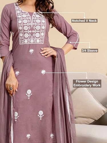 Image of TRENDMALLS Women's Cambric Cotton Embroidery Work Kurta Pant with Dupatta Set