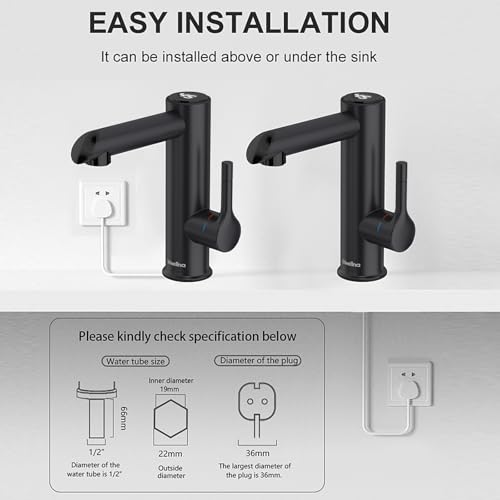 Briwellna Elektrischer Wasserhahn aus Edelstahl, 220V Wasserhahn, Heißwasserhahn für das Badezimmer, Elektrisch Wasserhahn mit Digitalanzeige (Black)