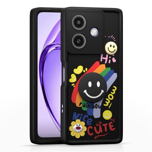 Image of Pikkme Back Cover for Oppo A3x 5G / A3x 4G / A3 5G | Soft Silicone| Cute Rainbow Smile & 3D Cartoon Flower Design | Shockproof Raised Camera Protection Bumper Case (Black)