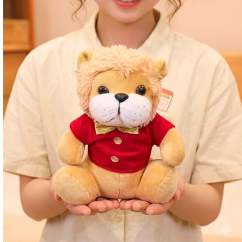 Image of Tickles Cute Sitting Lion Wearing Shirt Soft Stuffed Plush Animal Toy for Kids Boys & Girls Birthday Gift (Size: 25 cm Color: Brown & Red)