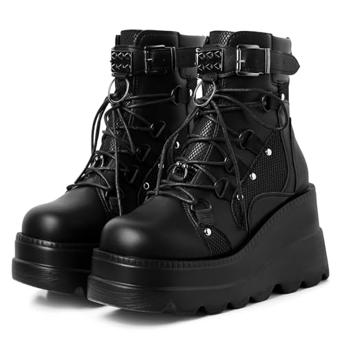 mikarka Holographic Platform Boots for Women, Lace Up Ankle Studded Buckle Goth Stacked Wedge Combat Ankle Boots