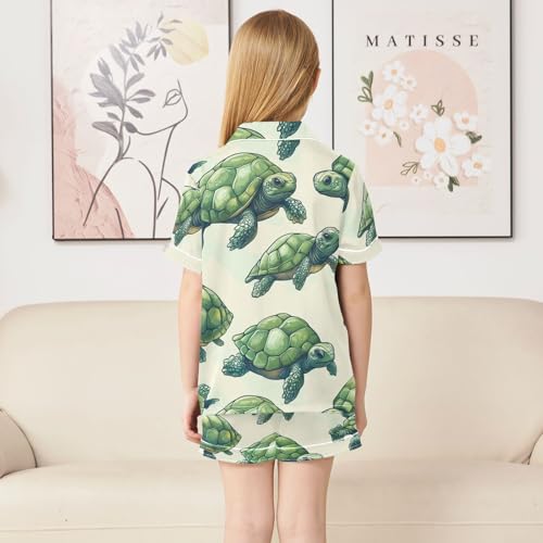 Satin Pajama Sets Short Sleeve Sea Green Turtle Pattern Button Down Silky Nightwear 2 Piece PJS 5-14Y4