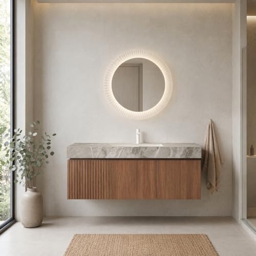 Image of 48 Inch Floating Bathroom Vanity with Sink, Modern Wall Mounted Bathroom Storage Vanity Cabinet with Sintered Stone Countertop, Brown Oak