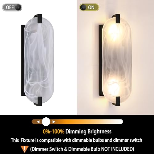 Image of 15.7 inch Art White Frosted Oval Glass Bathroom Modern Wall Sconce Fixture for Bedroom Hallway Bedside 2 Pack 2 Light Black Wall Sconce
