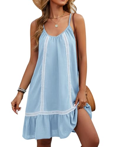 RITOSTA Vestido Playa Mujer Sin Mangas Suelto Vestidos Playeros Corto Verano Camisolas Pareos Playa Sexy Bikini Cover up Traje de Playa Ropa de Baño Playa Casual con Cuello en V(Azul,XL)