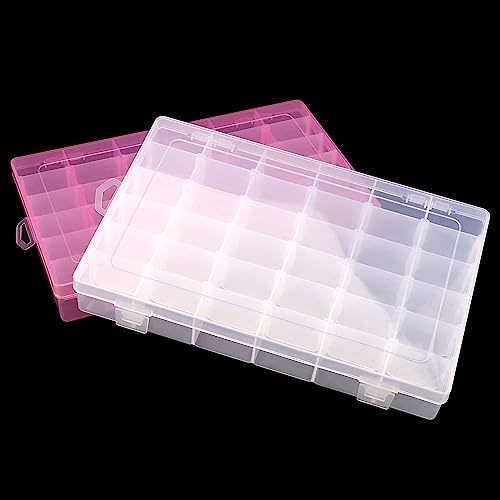 JAPCHET 6 Pack 36 Grids Plastic Storage Box, 2 Colors Bead Storage Box with Adjustable Dividers Plastic Bead Organizer Box for Beads, Buttons and Earrings, Pink and Clear