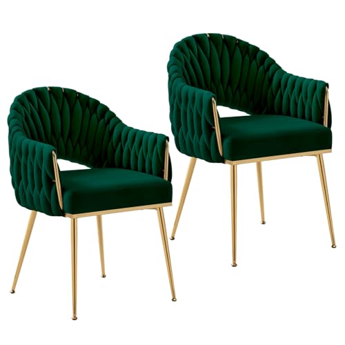 Juego de 2 sillas de Comedor de Terciopelo, sillones de salón, sillas de Comedor con reposabrazos, sillas de Cocina con Respaldo Alto Trenzado a Mano, Silla de tocador con Patas Doradas,Esmeralda