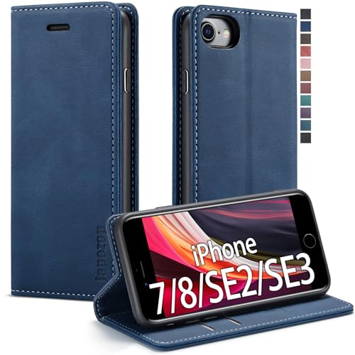 Case for iPhone SE 2022/iPhone SE 2020/iPhone 8/iPhone 7,[Premium Leather] [Soft TPU] [RFID Blocking][Card Slots] [Magnetic Kickstand] Flip Wallet Case for iPhone 7/8/ iPhone SE (2020/2022)(Blue)
