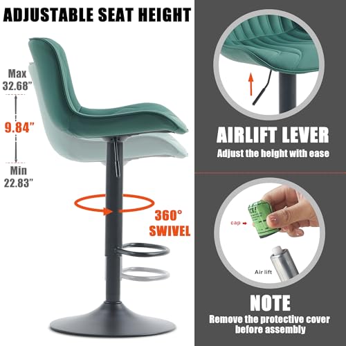 Image of Bar Stools Set of 4 Modern Kitchen Counter Chairs Barstools Dark Green | Faux leather upholstered island chairs with backs & metal base. Swive Adjustable Height, easy to clean & load 300 lbs
