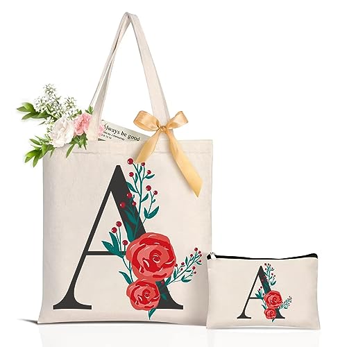 DEEZOMO Floral Initial Canvas Tote Bag for Women Bridesmaid Gifts - Personalized Monogrammed Beach Bags for Holiday, Birthday, Wedding (Letter A