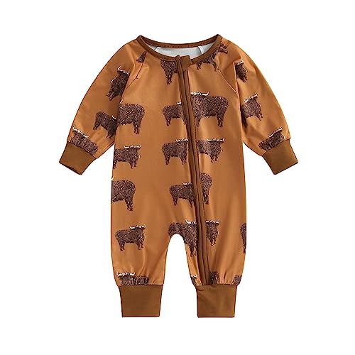 Image of FIOMVA Newborn Western Baby Boy Clothes Highland Cow Print Onesie Jumpsuit Fall Outfit Zipper Cowboy One Piece Romper