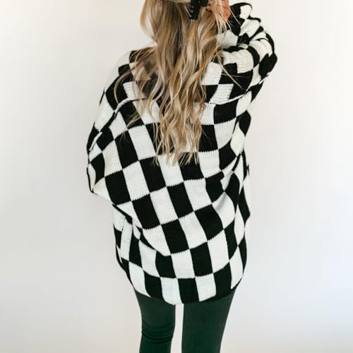 SANSIWU Women's Checkered Knit Chunky Cardigan Long Sleeve Open Front Loose Sweater Fall Winter Trendy Casual Plaid Pattern Knitwear (B-Black, L) - Image 3