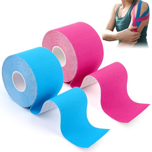 2 Rollos Cinta de Kinesiología Deportiva, Cinta de Kinesiología Tape, Kinesiotapes, Cinta Kinesiología Tape, Cinta Muscular,Azul,/Rosa, para Rodilla, Hombros, Alivio Dolor Muscular (5 m x 5 cm)