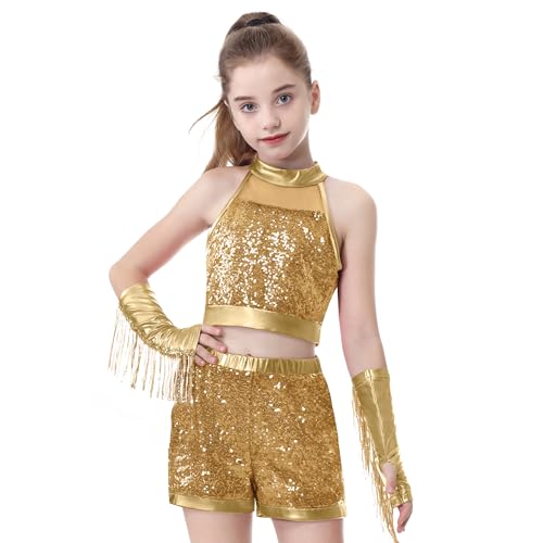 LOLANTA Mädchen Pailletten Tanzkostüm, Glitzerndes Hip Hop Jazz Dance Outfit, Kinder Street Dancewear mit ärmellosem Crop Top und Dancing Booty Shorts(Gold, 8-9 Jahre, 140)