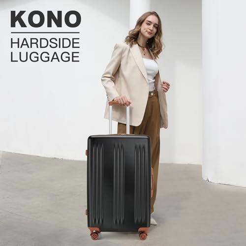 Image of Kono 28 Inch Expandable Checked Luggage Large Suitcase for Long Journey | Lightweight PC+ABS hardshell suitcase with spinner wheels, TSA lock & expandable storage for 1-2weeks travel, Black & Brown