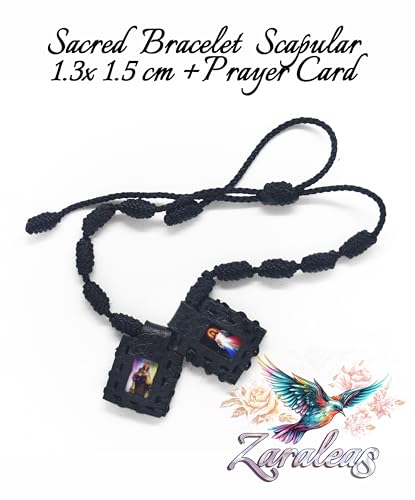 Zaraleas Catholic Scapular Bracelet - Black Leather, Handmade with Sacred Heart of Jesus, Virgin of Carmen, Guadalupe & St. Michael Archangel. 1.3cm x 1.5cm2
