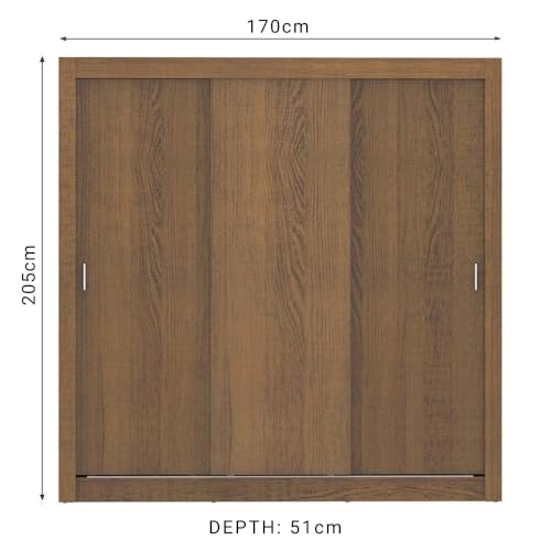 Image of Madesa 3 Sliding Doors Wardrobe Ample Storage Wooden Almirah 170 Cm with Shelves, Drawers and Hanging Units for Bedroom - Brown
