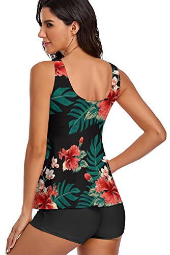 Image of Modest Tankini Swimsuits for Women Two Piece Bathing Suits Floral Print Tank Top with Boyshorts Tummy Control Swimming Suits