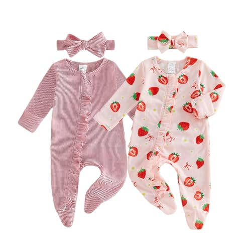 Image of Merqwadd Baby Girl Footies Newborn Zipper Sleeper 2 Pack Ruffle Pajamas Romper Coming Home Outfit
