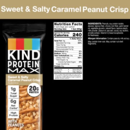 KIND Protein MAX Sweet & Salty Caramel Peanut Crisp Snack Bars, 20g of Protein, Keto Friendly, 1g of Sugar Per Bar, Gluten Free, 4 Count Box image 2