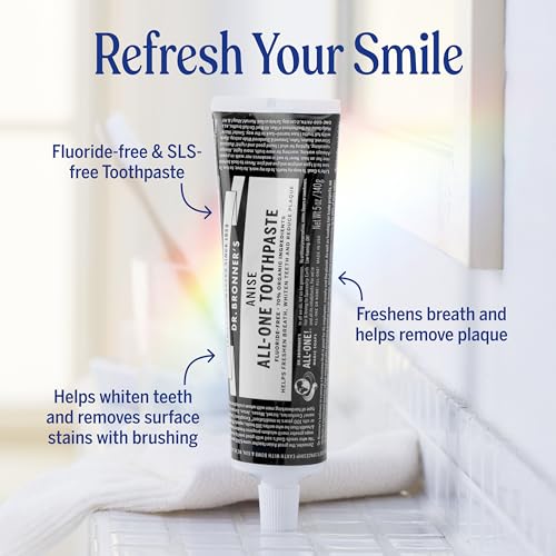 Image of Dr. Bronner's All-One Toothpaste - Anise, 5 oz, 3-Pack - Fluoride-Free Toothpaste for Adults, SLS-Free, 70% Organic & Natural Ingredients, Vegan, Helps Freshen Breath, Reduce Plaque, Whiten Teeth