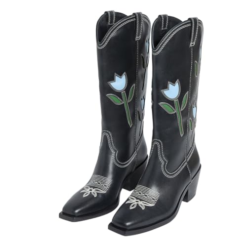 FYS Women's Western Cowgirl Square Toe Boots Chunky Low Heel Wide Calf High Boots Fashion Pull On Street Shoes Size 4-16 US2