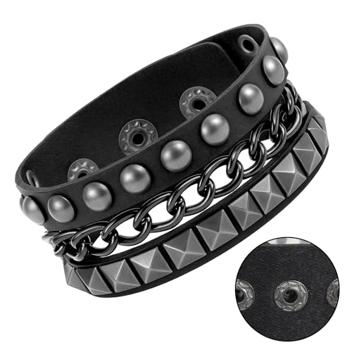 Grevosea Rivet Bracelet, Multilayer Heart Pendant Leather Punk Bracelet, Adjustable Black Cuff with Rivet Studs Chain Wristband for Rock Sports3