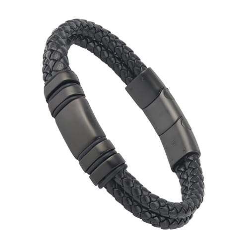 Forge & Foundry Men's Adjustable Black Leather Bracelet | Genuine Woven Leather with Stainless Steel Snap Clasp | Design-Led, Artisan Jewellery from London | Double Strand, Brushed Black Clasp [Navarro]