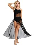 ranrann Women's Contemporary Lyrical Dance Dress Asymmetrical Side Split Mesh Maxi Skirt Bodysuit Leotard Black X-Large