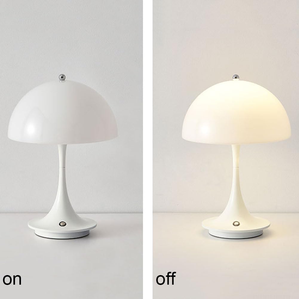 Pilz Tischlampe Kabellos mit Touch Dimmbare,LED Mushroom Lamp Akku Tischleuchte Aufladbar 3000K-6000K Nachttischlampe Weiß Acryl schirm Leselampe Tragbare modern Schreibtisch Lampe,Weiß