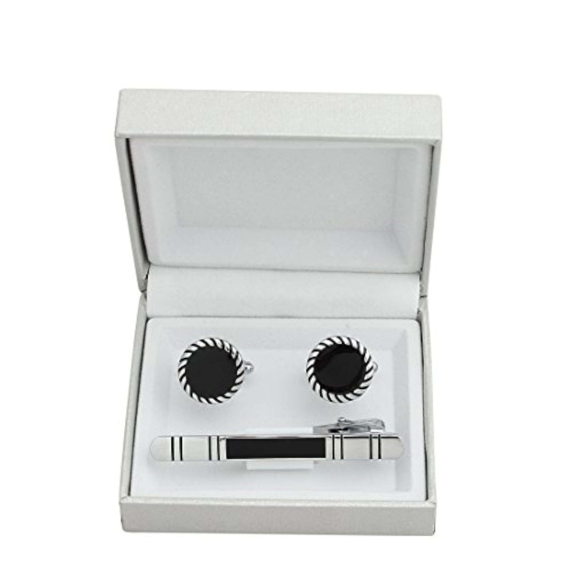 Men's Black Rhinestone Cufflinks & Tie Pin Set, Silver Finish