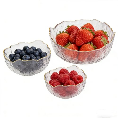 KMYC Glass Bowls Set, 3 Piece Gold Rim Clear Serving Salad Mixing Bowl, Modern Decorative Fruit Dishes