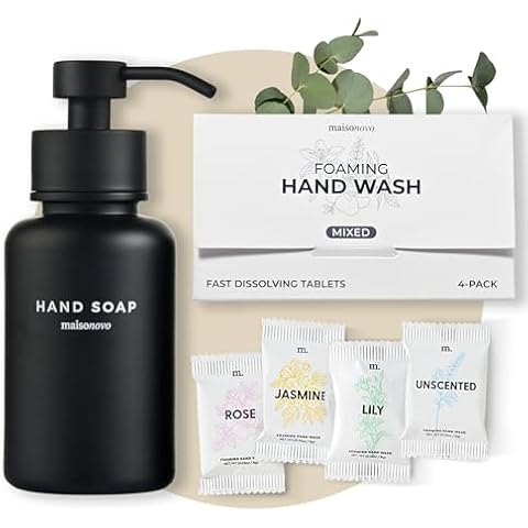 MaisoNovo 14 oz Black Glass Foaming Soap Dispenser with Black Pump + Mixed 4 Pack Foaming Hand Soap Refill Tablets Cover