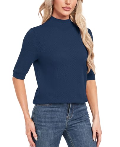 Image of MINTLIMIT Womens Turtleneck Sweaters Short Sleeve 2024 Fall Winter Casual Texture Shirt Blouse Knit Pullover Sweater