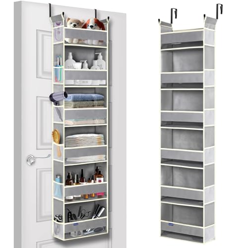Image of roomtalk Over The Door Organizer 6-Shelves and 12 Side Pockets, Over The Door Storage for Bathroom Bedroom Nursery, Hanging Door Organizers for Baby Diapers and Kids Toys (13"x5"x54", Grey)