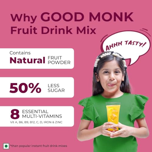 Image of Good Monk Fruit Drink Mix (Assorted - Natural Orange,Mixed Berries,Pineapple Powder),50% Less Sugar With 8 Vitamins & Minerals. Tasty & Healthy Mix For Hydration,Energy,Immunity. 16x3 = 48 sachets